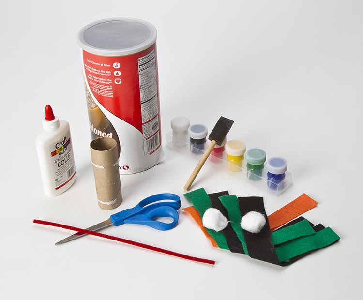 Materials: Oat tub, paints, felt, glue, chenille stem, paper tube