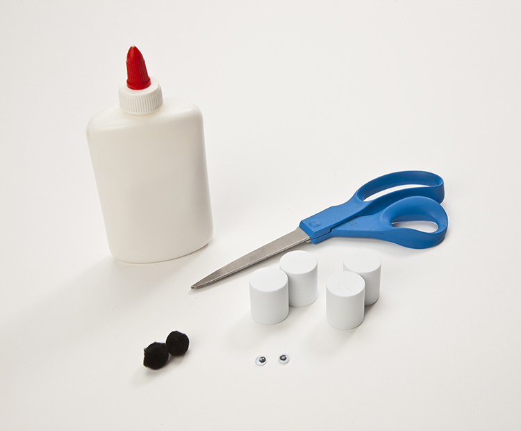 Materials: foam marshmallows, scissors, glue, pom-poms, black paint, black felt or paper