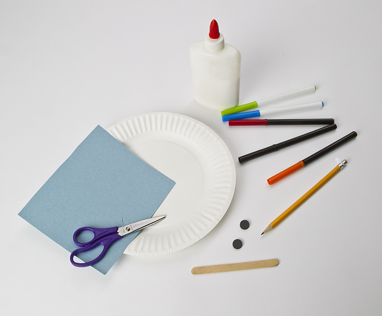 Materials: paper plate, construction paper, craft stick, magnets, markers, scissors, glue