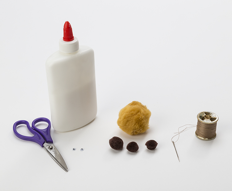Materials: pom-poms, glue, thread, needle, scissors, googly eyes