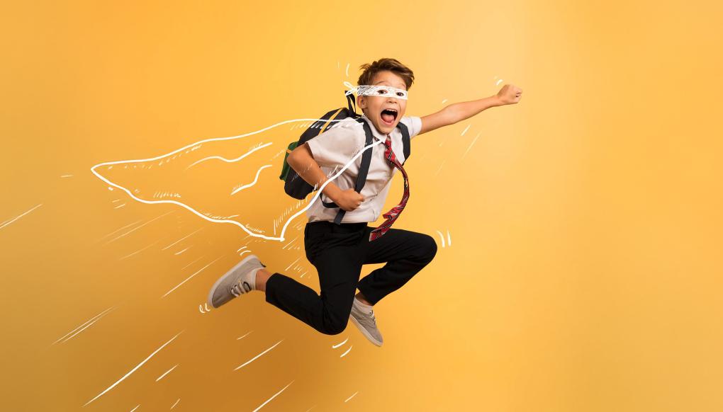 Boy jumping with cape line drawing.