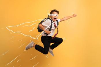 Boy jumping with cape line drawing.